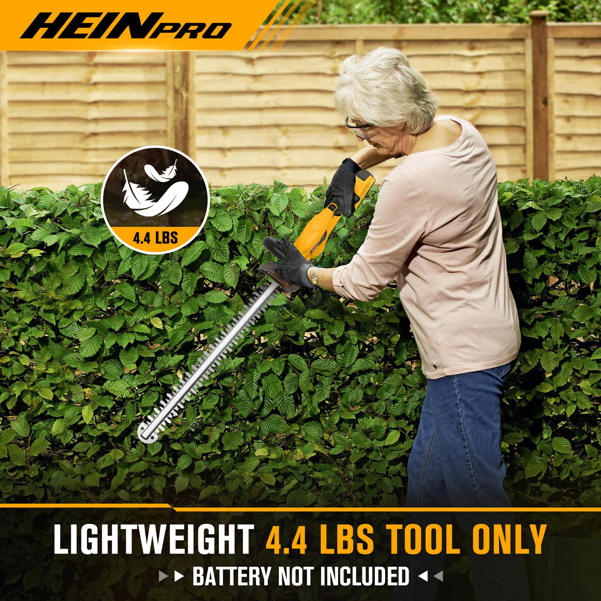 HEINPRO trimmer held in hand to show 4.4 lb lightweight design and comfort