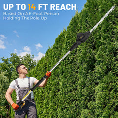 HEINPRO telescoping pole extended demonstrating long reach for tall hedges