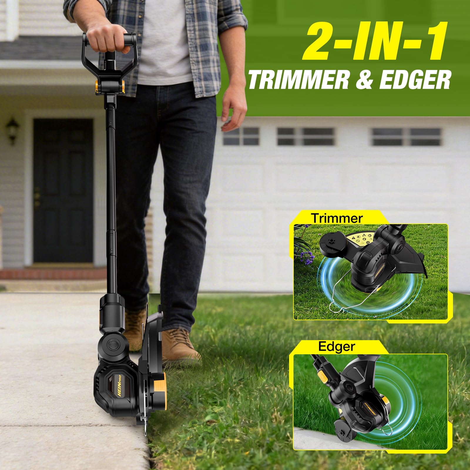 HEINPRO trimmer adjustable handle image highlighting 180° rotation and 5 positions to reduce arm strain