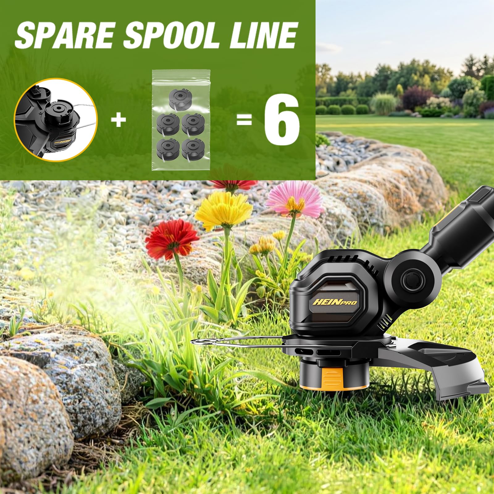 HEINPRO trimmer in a backyard lifestyle scene showing quick yard cleanup and tidy borders