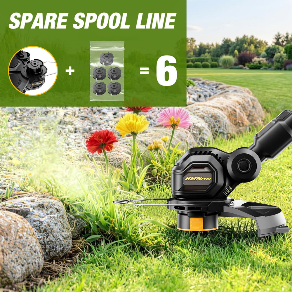HEINPRO trimmer in a backyard lifestyle scene showing quick yard cleanup and tidy borders