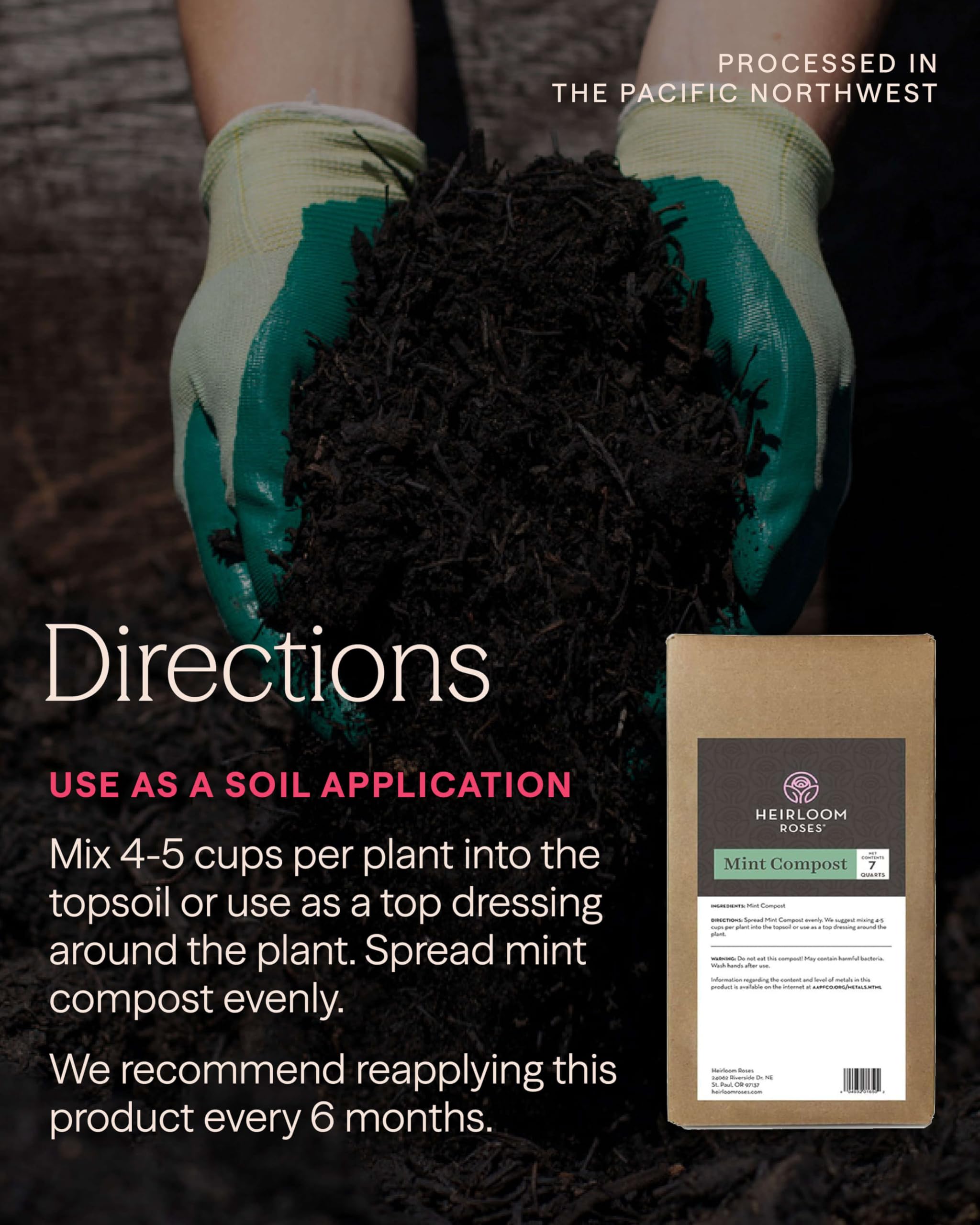 Heirloom Roses compost held in hand to show volume and easy-to-apply consistency