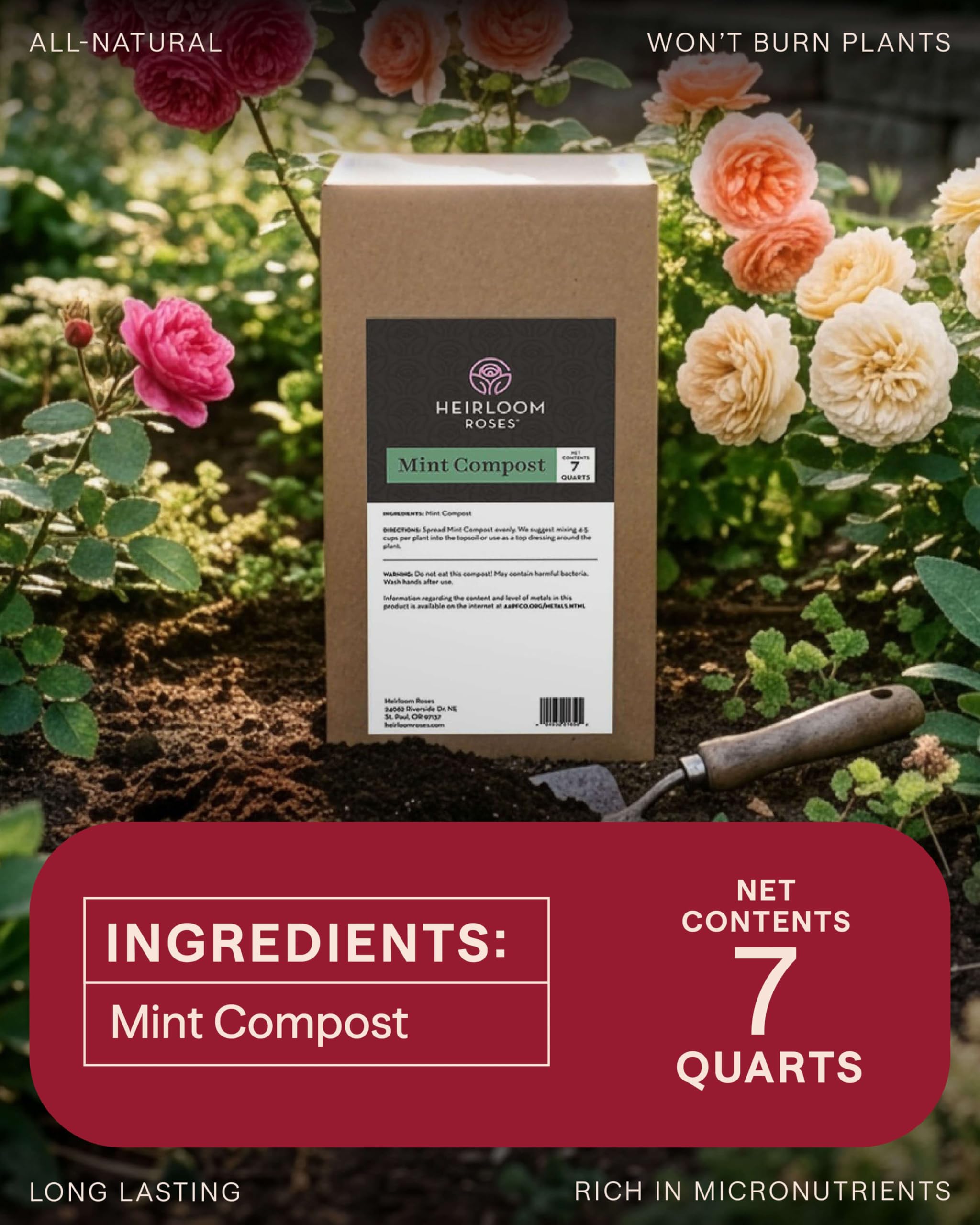 Heirloom Roses compost applied to container garden improving potting mix drainage and nutrients