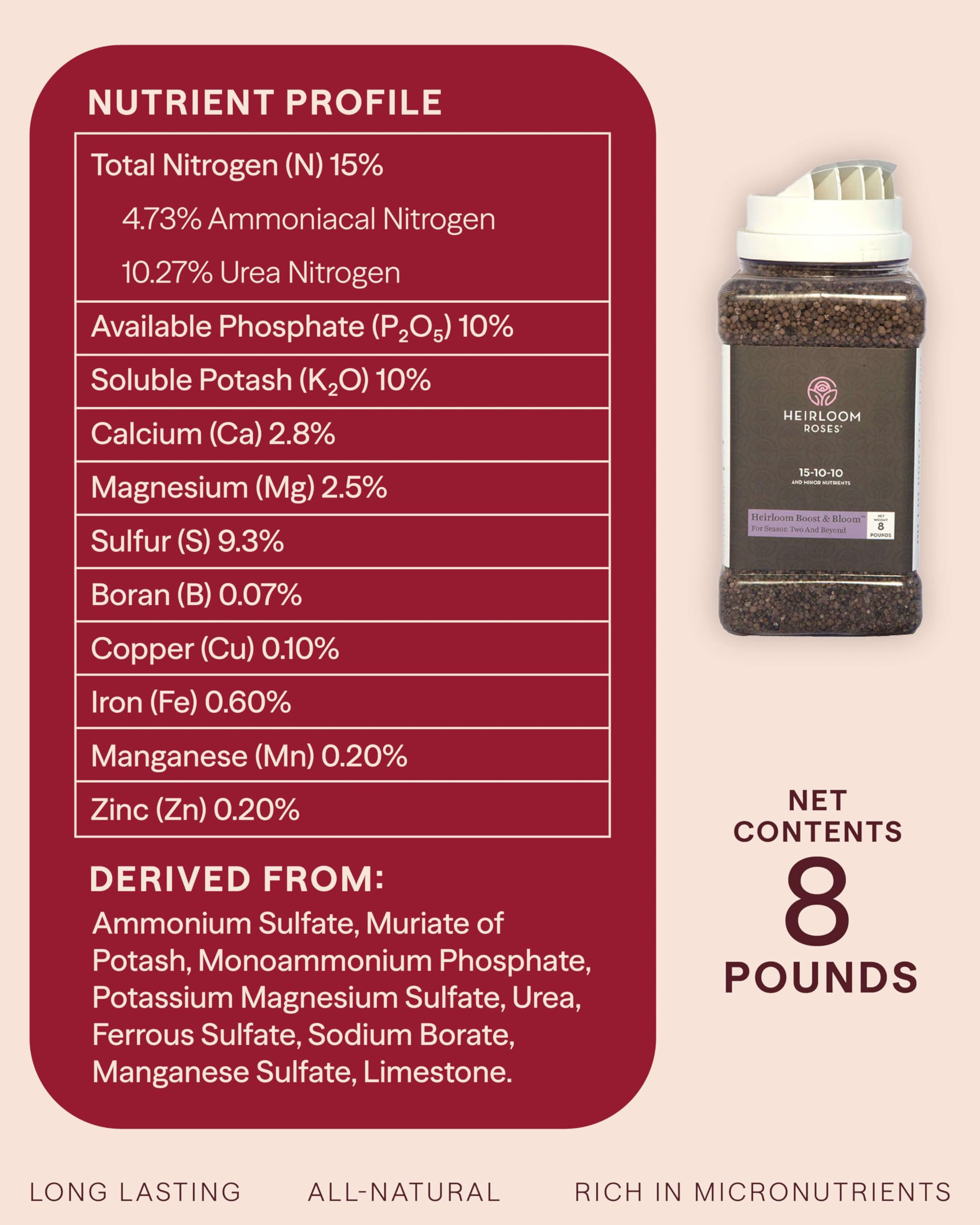 Heirloom Roses 1/2 cup measure demonstrating correct per-plant application to avoid overfeeding