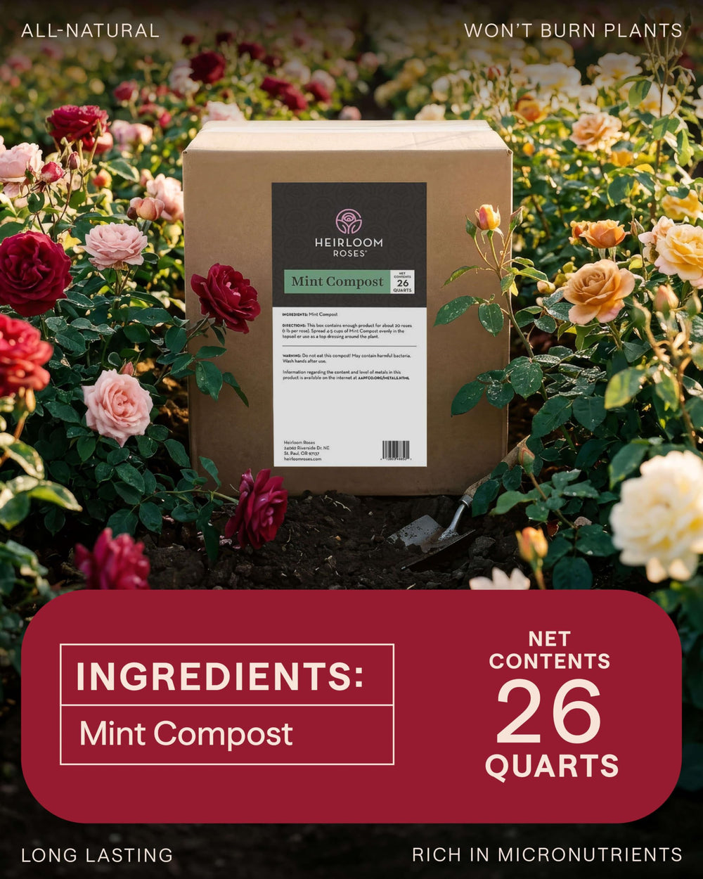 Heirloom Roses compost next to a ruler illustrating 26 quart box scale