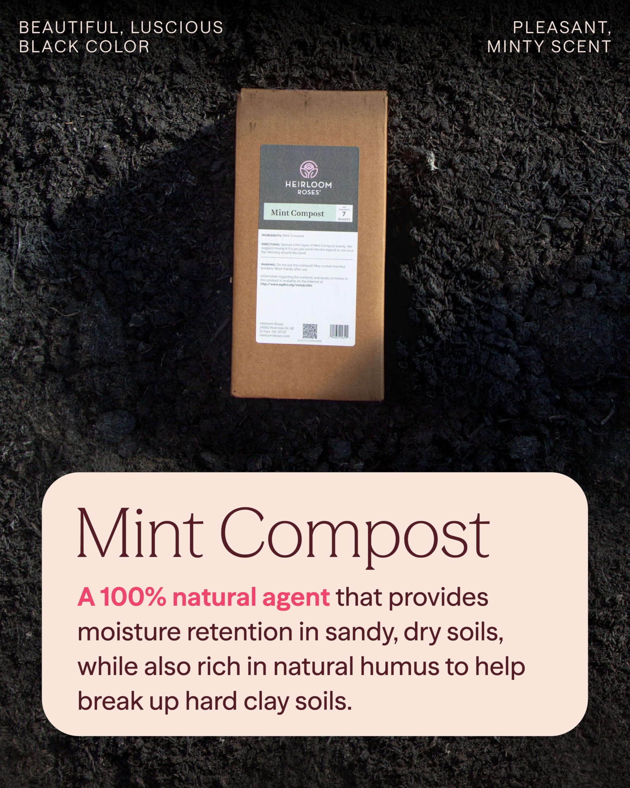 Heirloom Roses open box revealing dark, rich compost ready to amend soil and containers