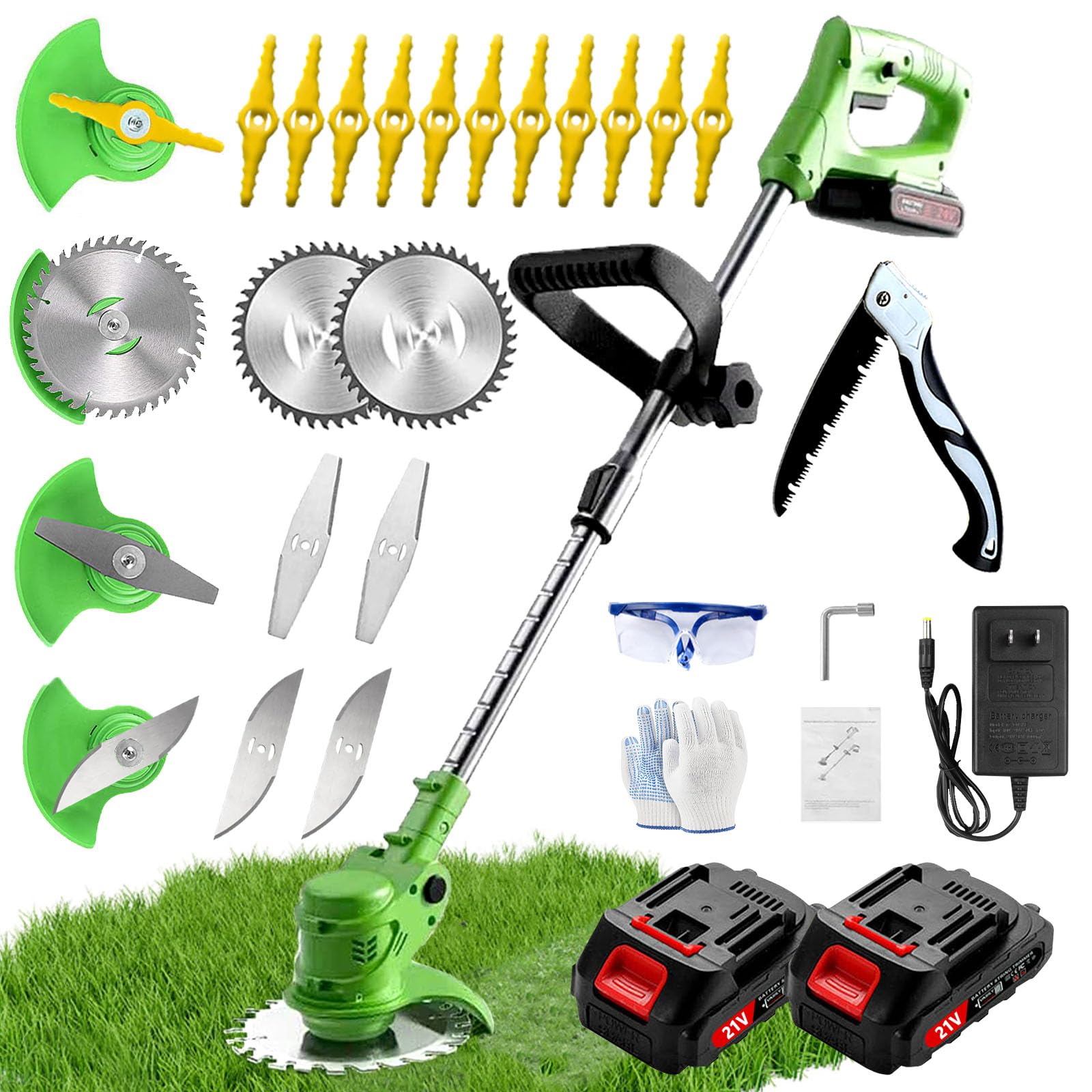 Hejunry weed wacker front view showing compact cutting head and guard, improving maneuverability
