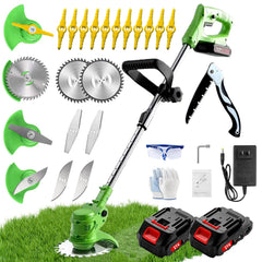 Hejunry weed wacker front view showing compact cutting head and guard, improving maneuverability