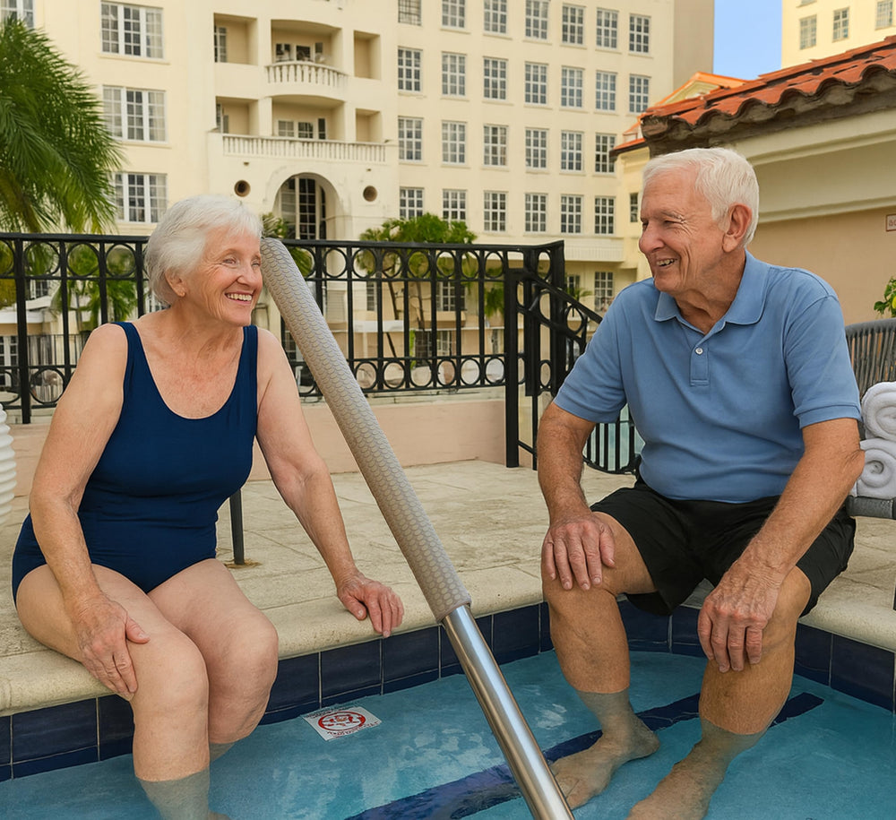 Helba installed on pool rail side view improving safety and comfort