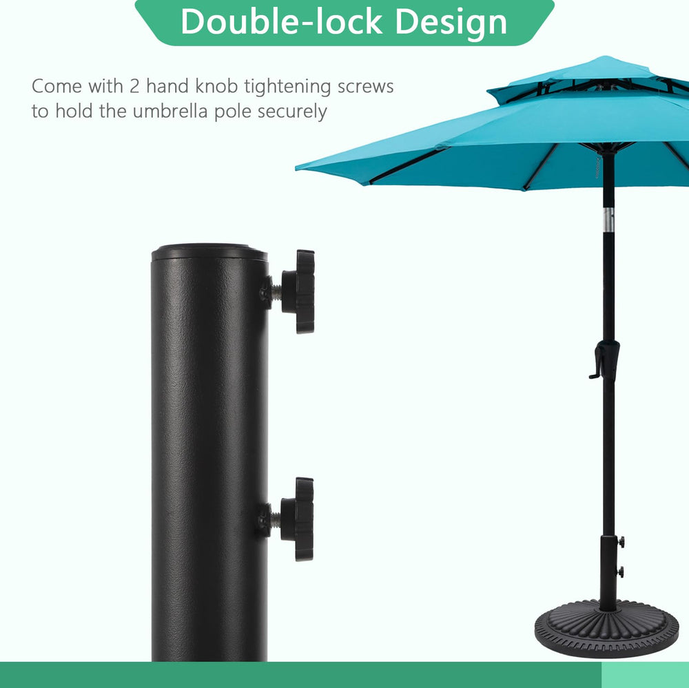 Helios&Hestia base holding an open patio umbrella demonstrating outdoor use