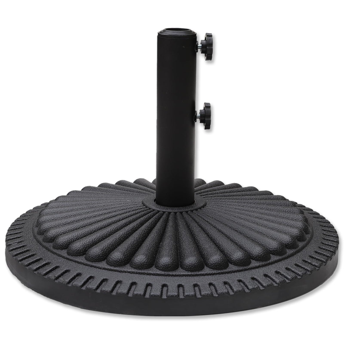 Helios&Hestia front view of black cement-filled umbrella base showing stability