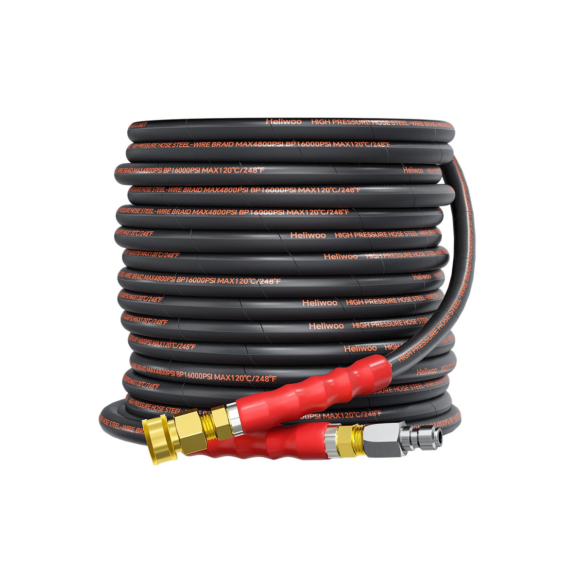 Heliwoo front view of 50FT pressure washer hose showing length benefit