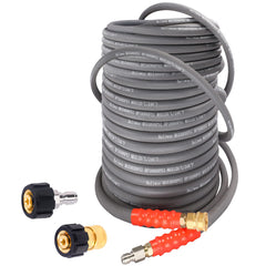 Heliwoo front view of coiled 100ft pressure washer hose showing product and branding, durable reach