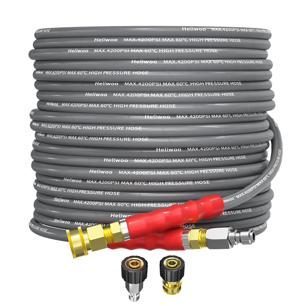 Heliwoo front view of 50ft pressure washer hose showing durable packaging and features