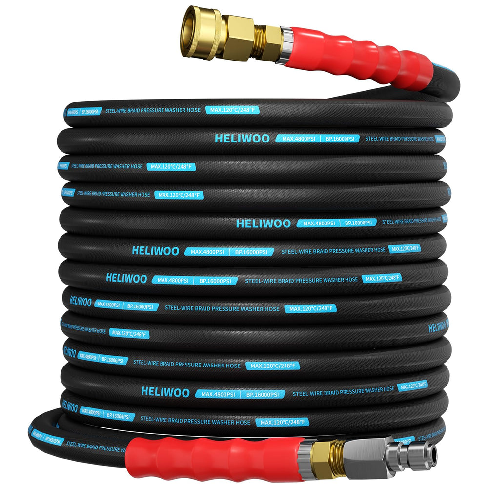 Heliwoo front view of 50ft pressure washer hose showing packaging and length benefit