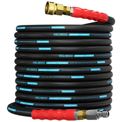 Heliwoo front view of 50ft pressure washer hose showing packaging and length benefit
