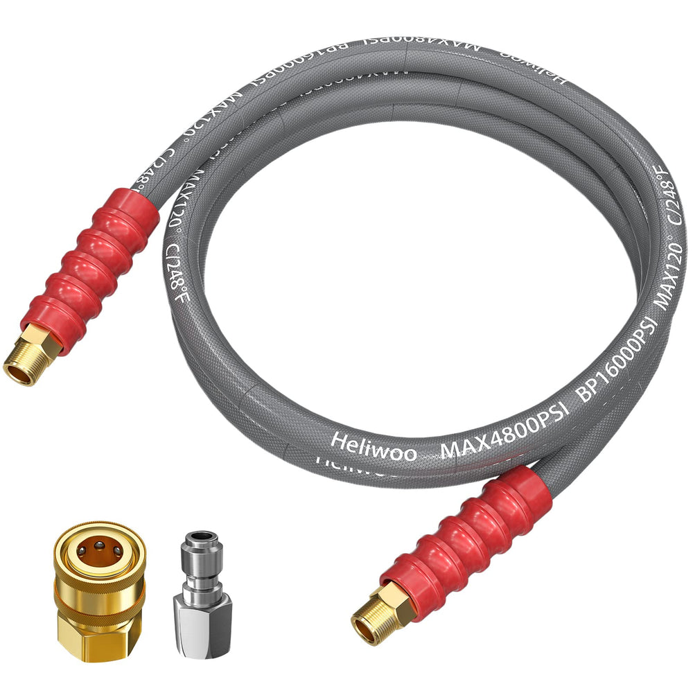 Heliwoo front view of 10ft steel-braided whip hose showing durable construction and connectors