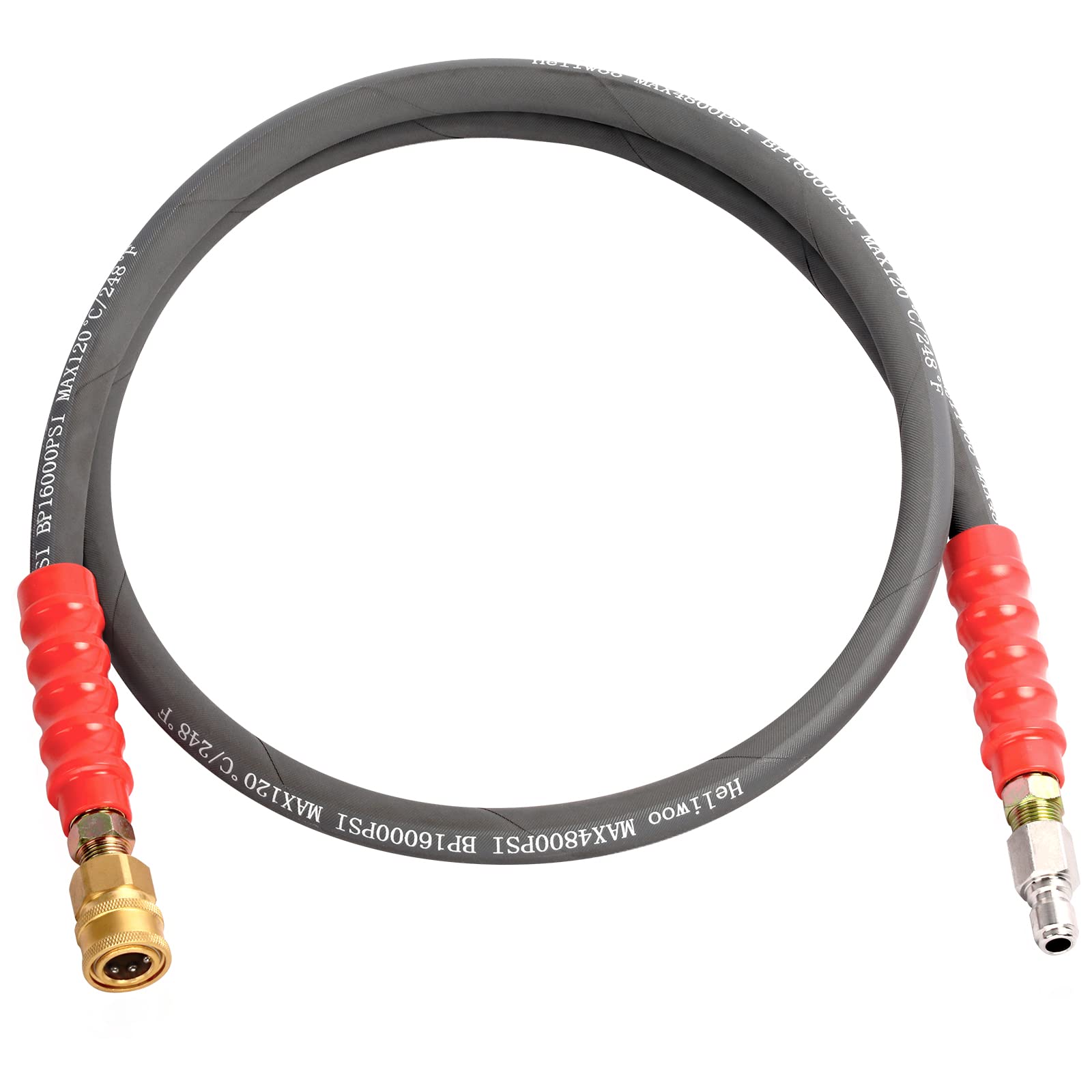 Heliwoo front view of 5ft whip hose showing compact design and fittings