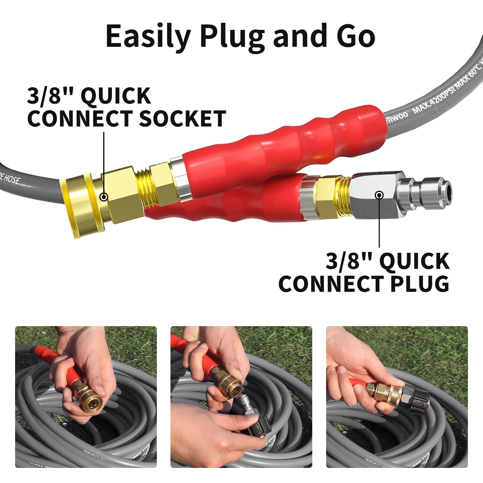 Heliwoo hose in use cleaning car, illustrating continuous flow and kink-free operation
