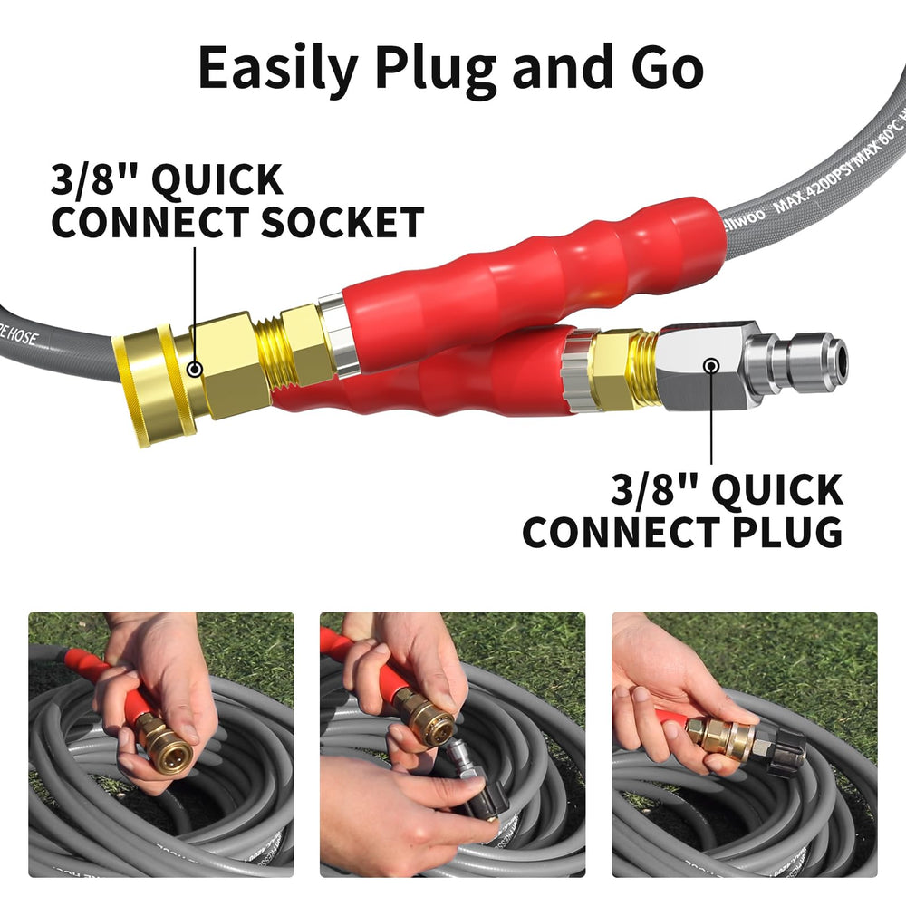 Heliwoo hose in use cleaning car, illustrating continuous flow and kink-free operation