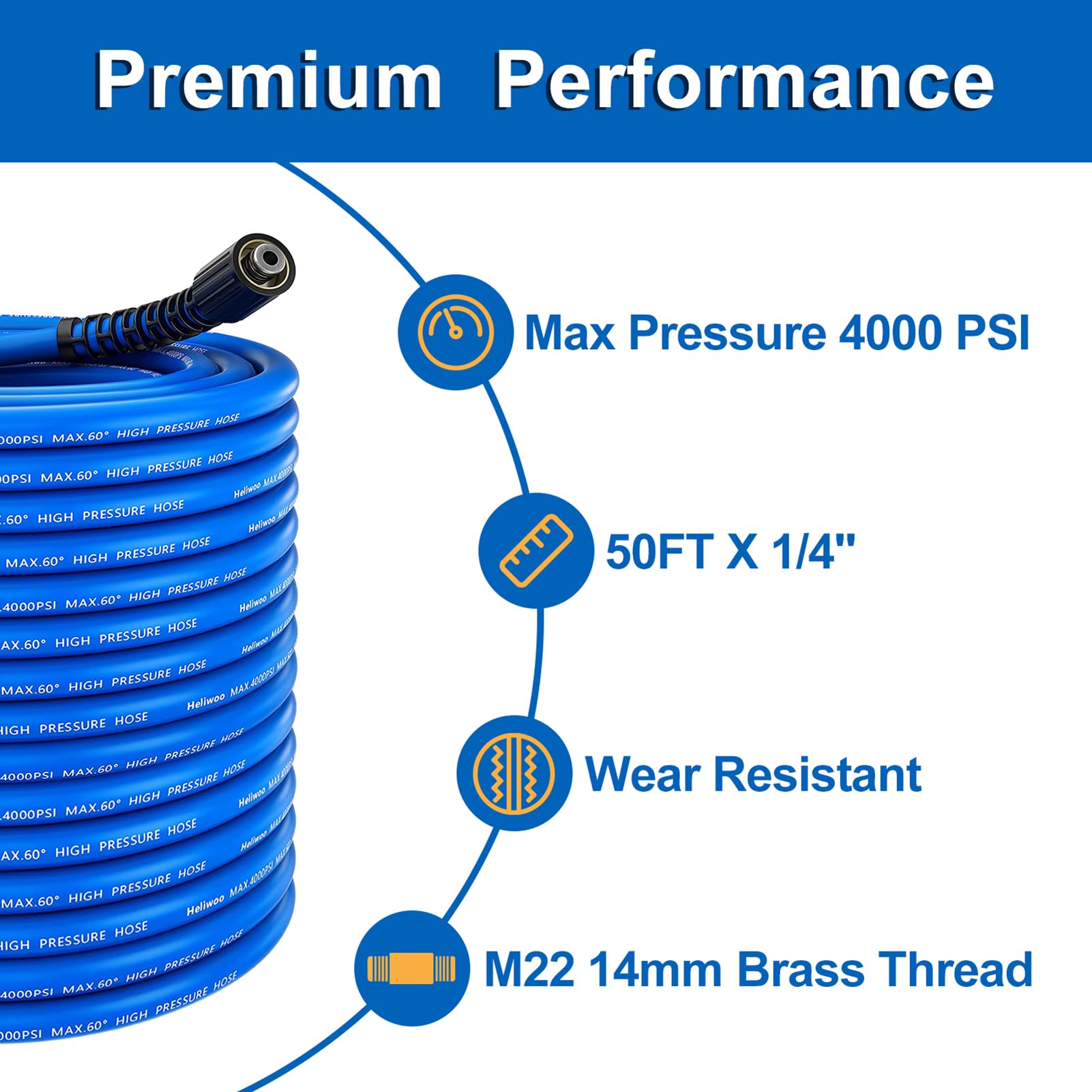 Heliwoo hose next to hand for scale showing 50 ft capacity