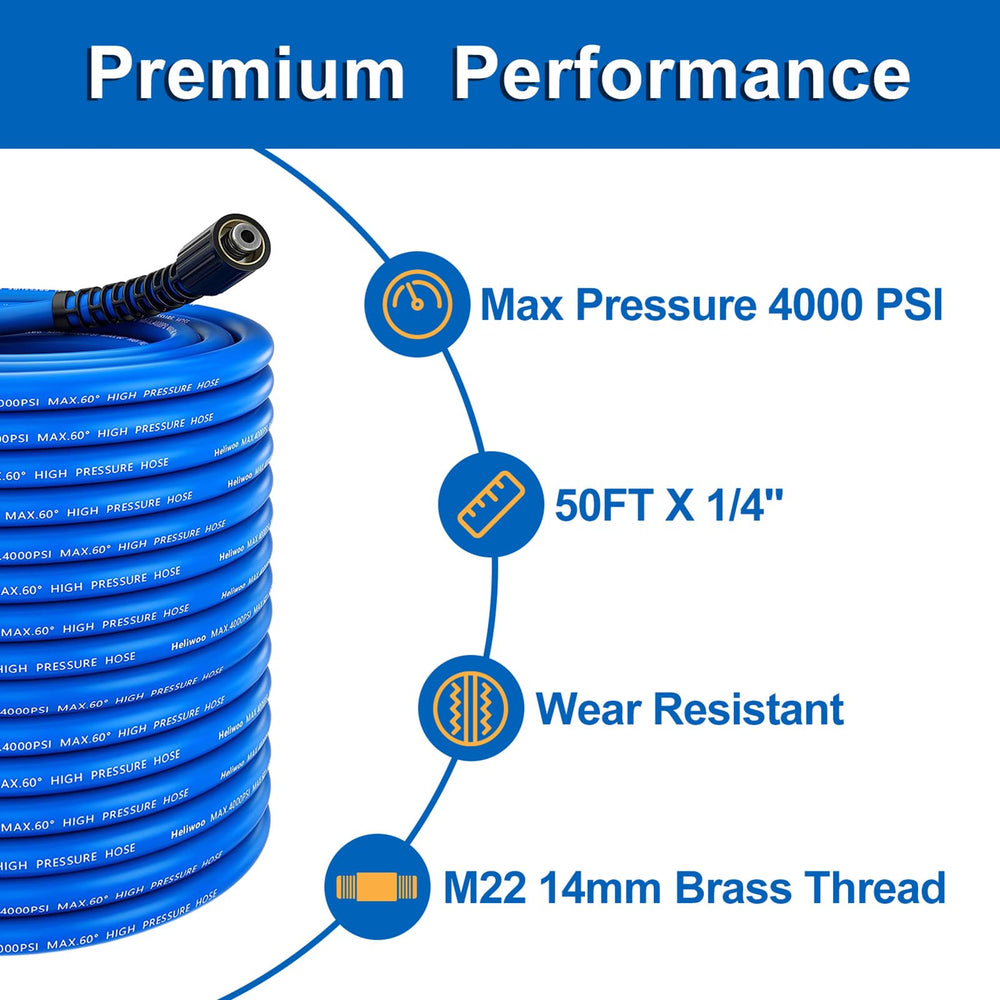 Heliwoo hose next to hand for scale showing 50 ft capacity