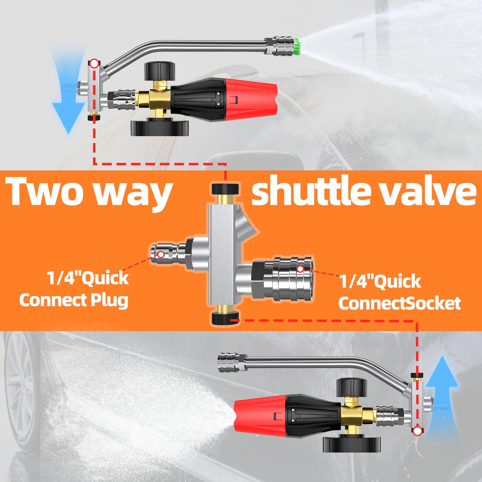 Heliwoo lance two-way valve closeup enabling quick foam or spray switch