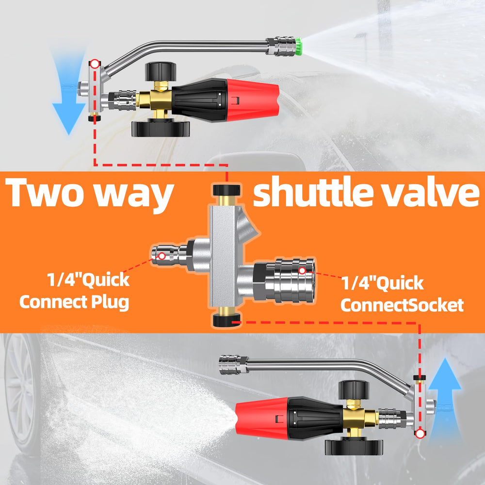 Heliwoo lance two-way valve closeup enabling quick foam or spray switch