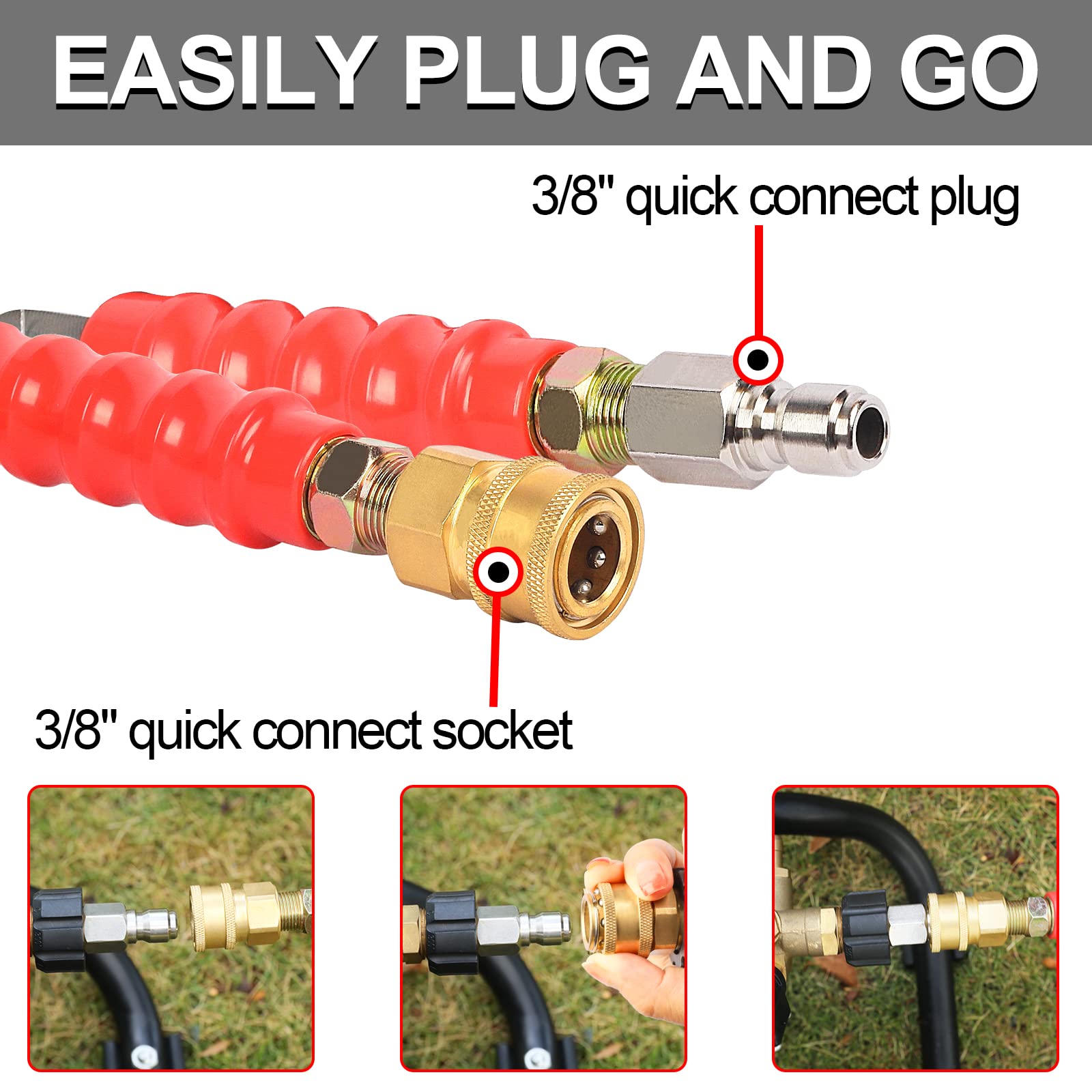 Heliwoo hose uncoiled beside a person for scale showing 100 ft length and improved workflow