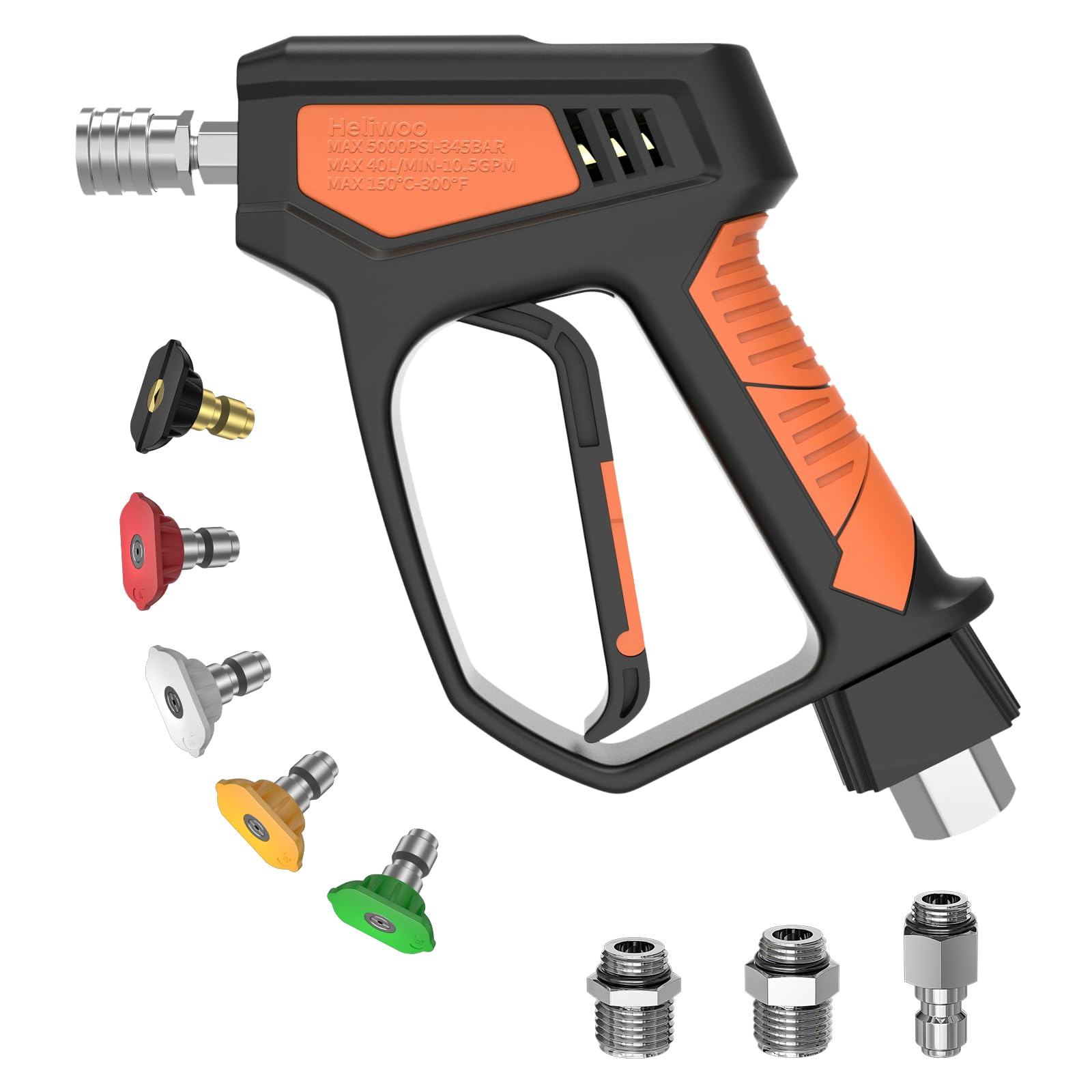 Heliwoo pressure washer gun front view showing durable body and trigger for confident control