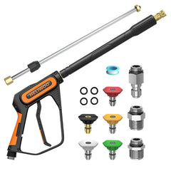 Heliwoo pressure washer gun front view showing robust metal body and grip benefit durability