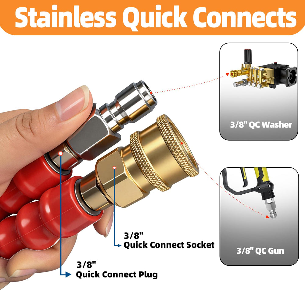 Detail of Heliwoo 3/8" quick-connect fittings ensuring full-flow, leak-resistant hookup
