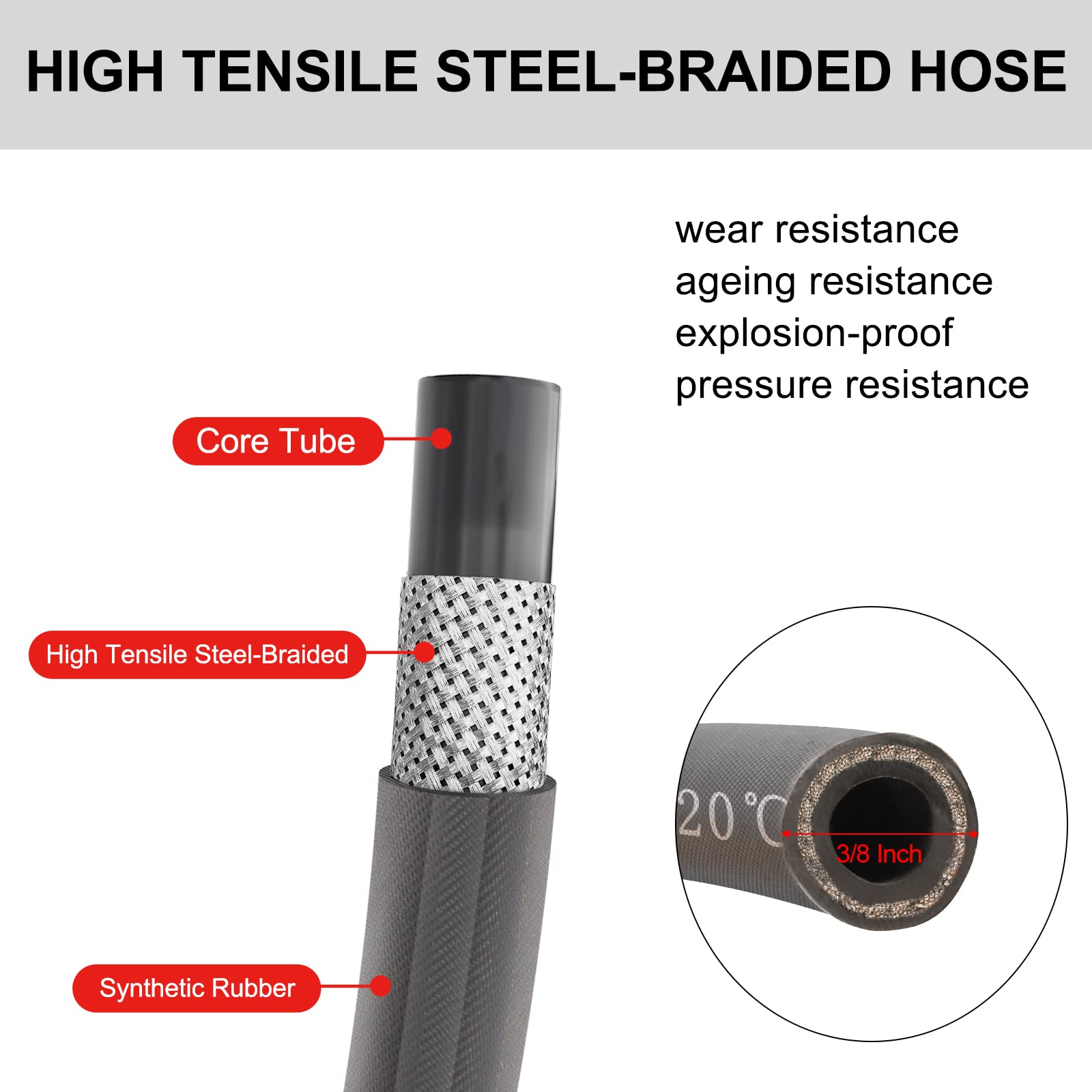 Heliwoo tight shot of steel-braided hose for strength and kink resistance