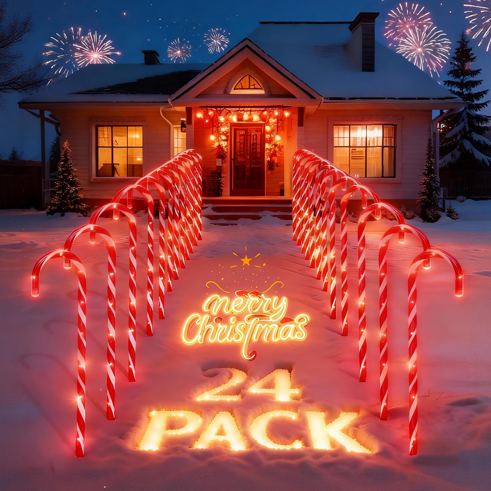 HelixBeam front view of 24-pack candy cane lights showing bright red LEDs and packaging benefit