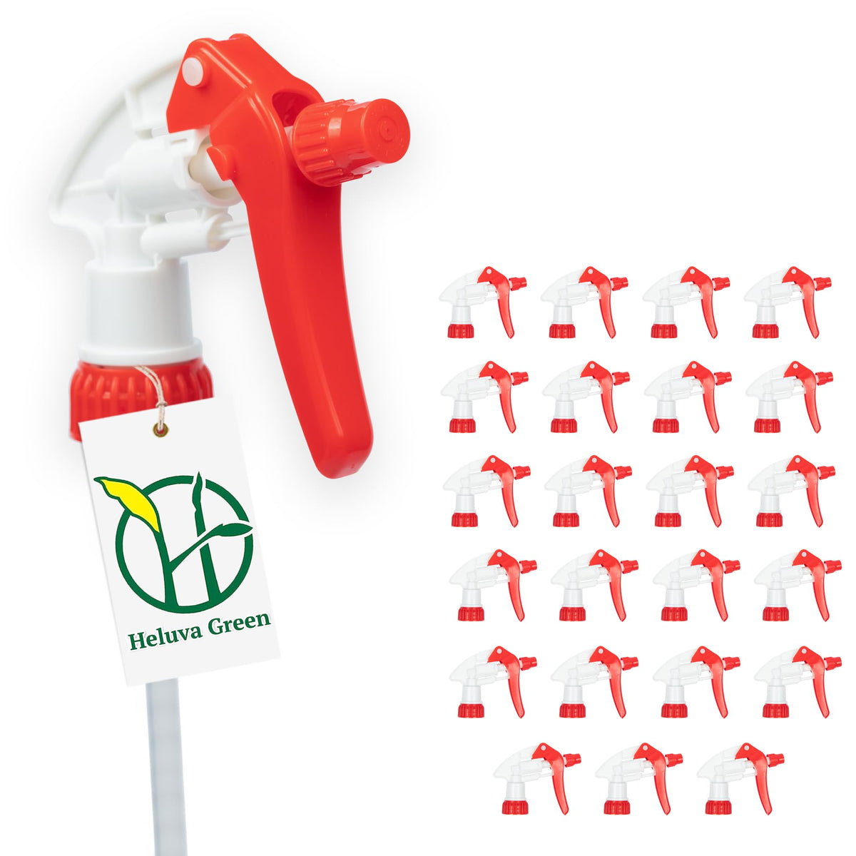 Heluva Green front view of 24 red trigger nozzles showing pack and color benefit