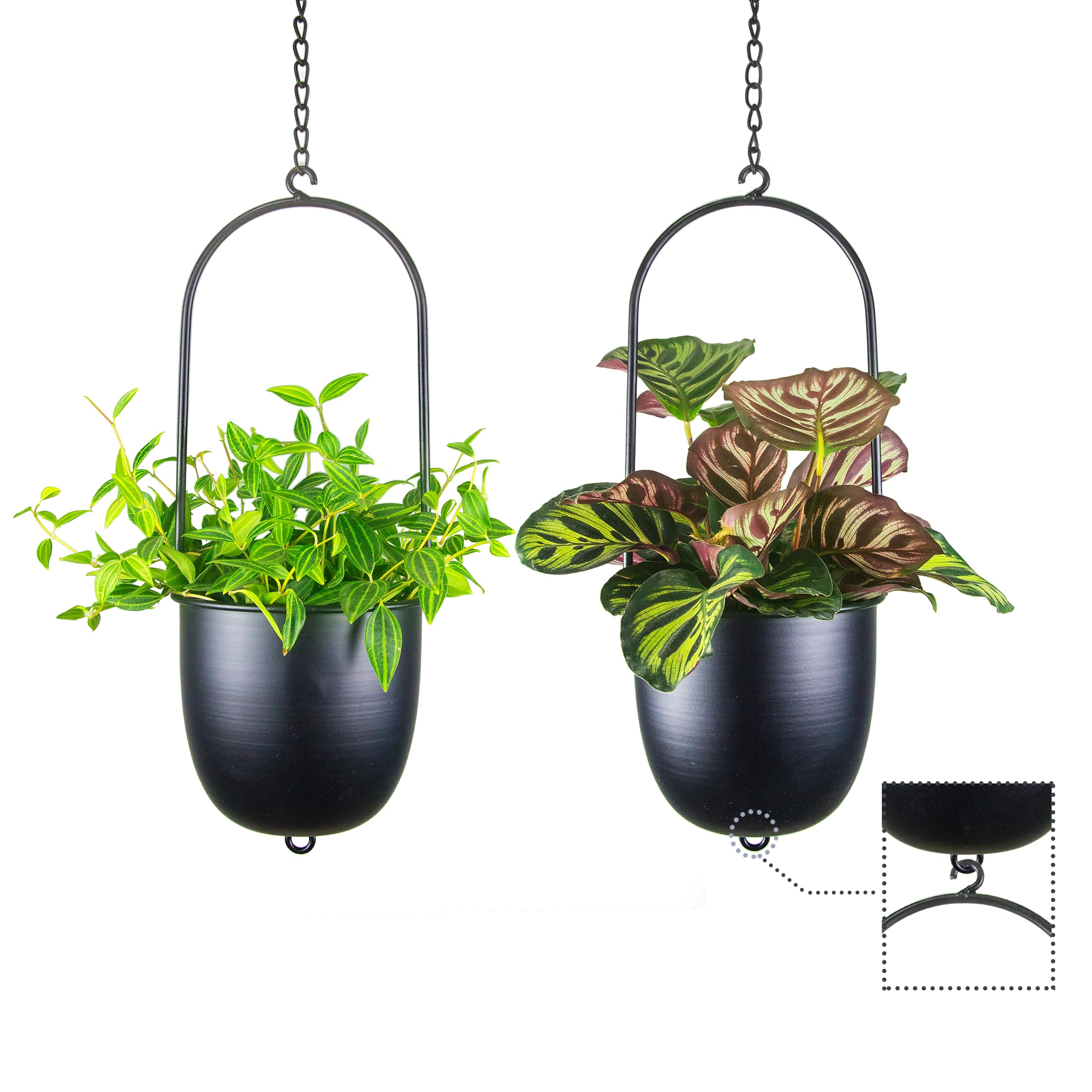 HemePaha front view showing two black metal hanging planters and clean modern appeal
