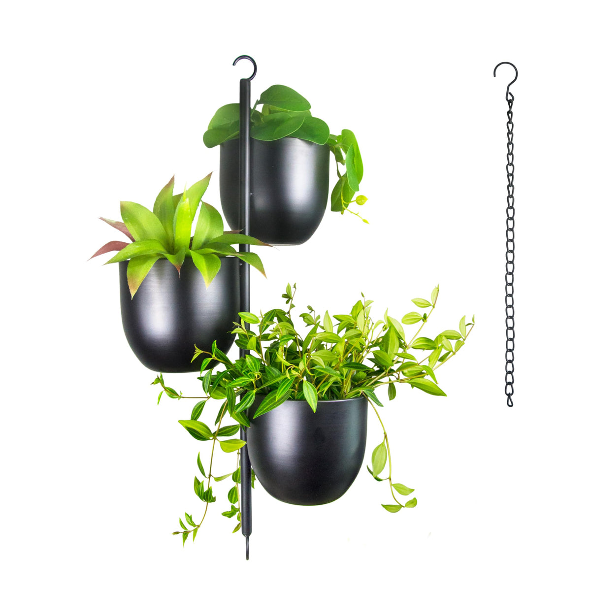 HemePaha front view showing black triple-tier planter holding three pots and saving space