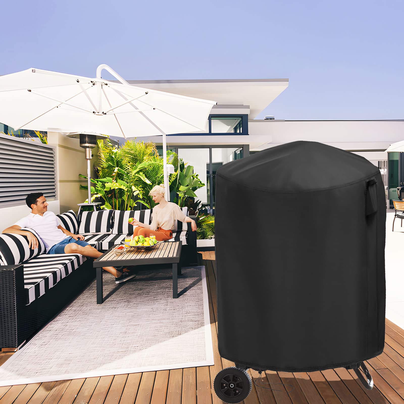 Hengme cover on wheeled fire pit showing fit and size scale