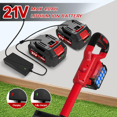 Hengriacly dual 4.0Ah batteries and charger laid out showing long runtime benefit