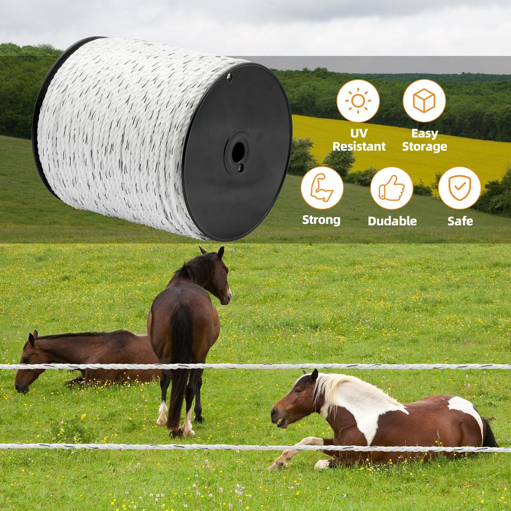 HENGTONG rope installed on fence post with energizer, visible boundaries for animals