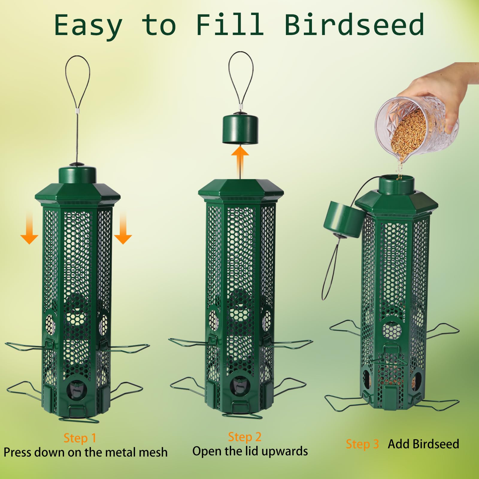 Henzavk seed-filled feeder showing 3lb capacity and reduced refills