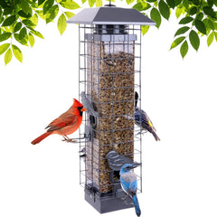 Henzavk front view gray feeder showing four ports and perches, clear seed visibility benefits viewing
