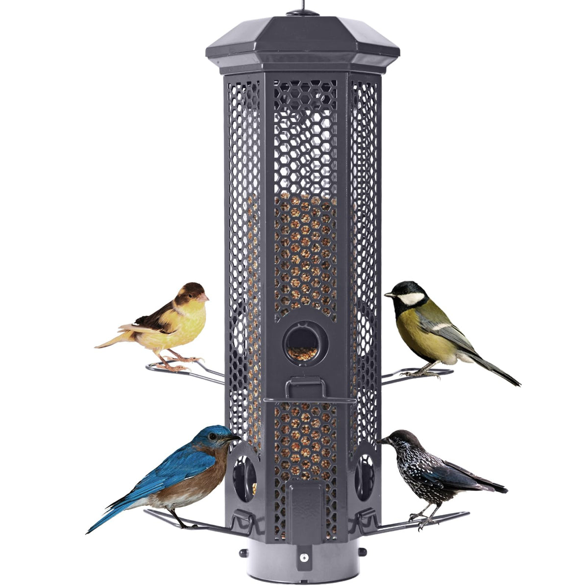 Henzavk front view hanging feeder showing durable design and easy hanging benefit