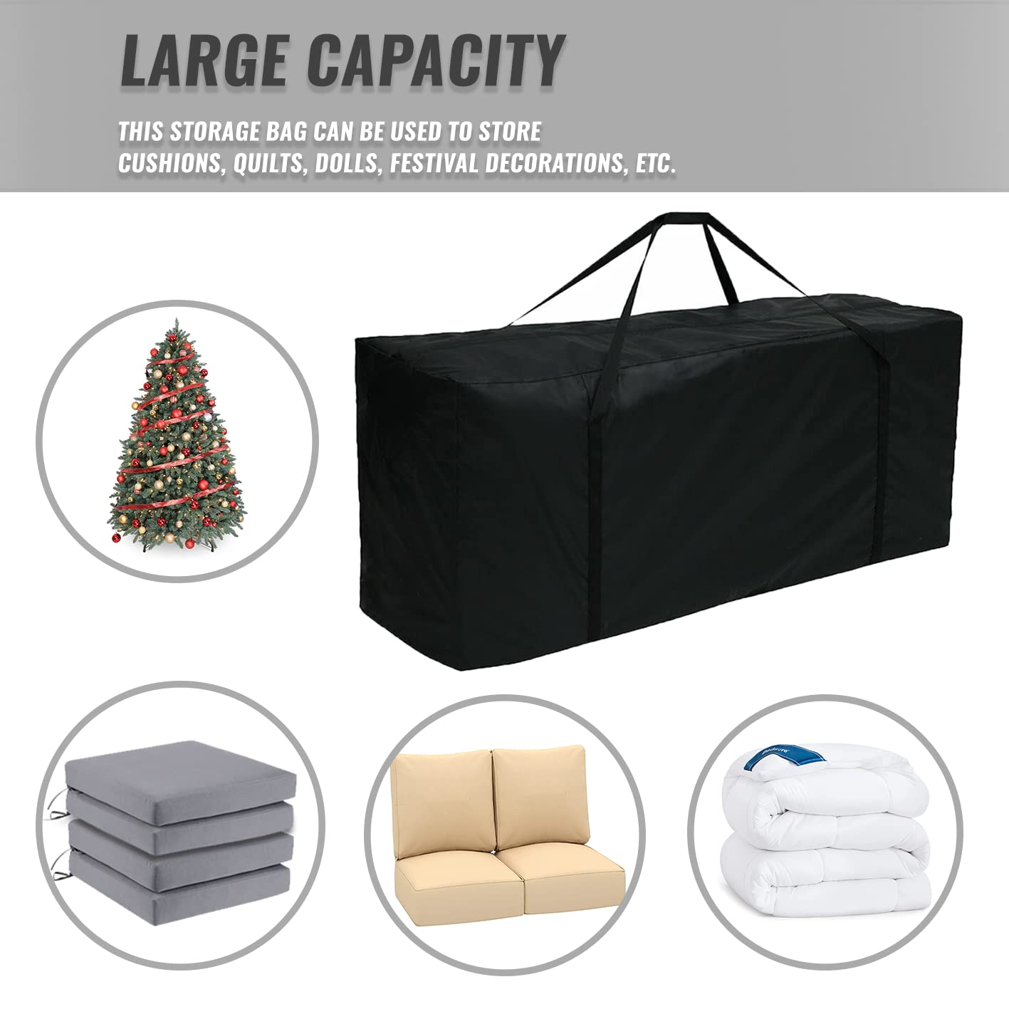 HEPOVER filled with patio cushions demonstrating large capacity and protection