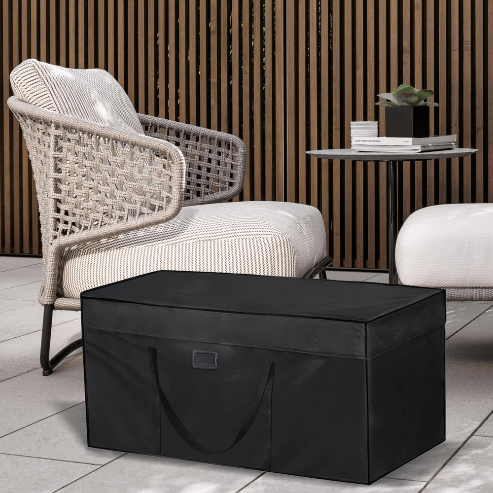 HEPOVER bag placed on patio in garden setting protecting cushions outdoors
