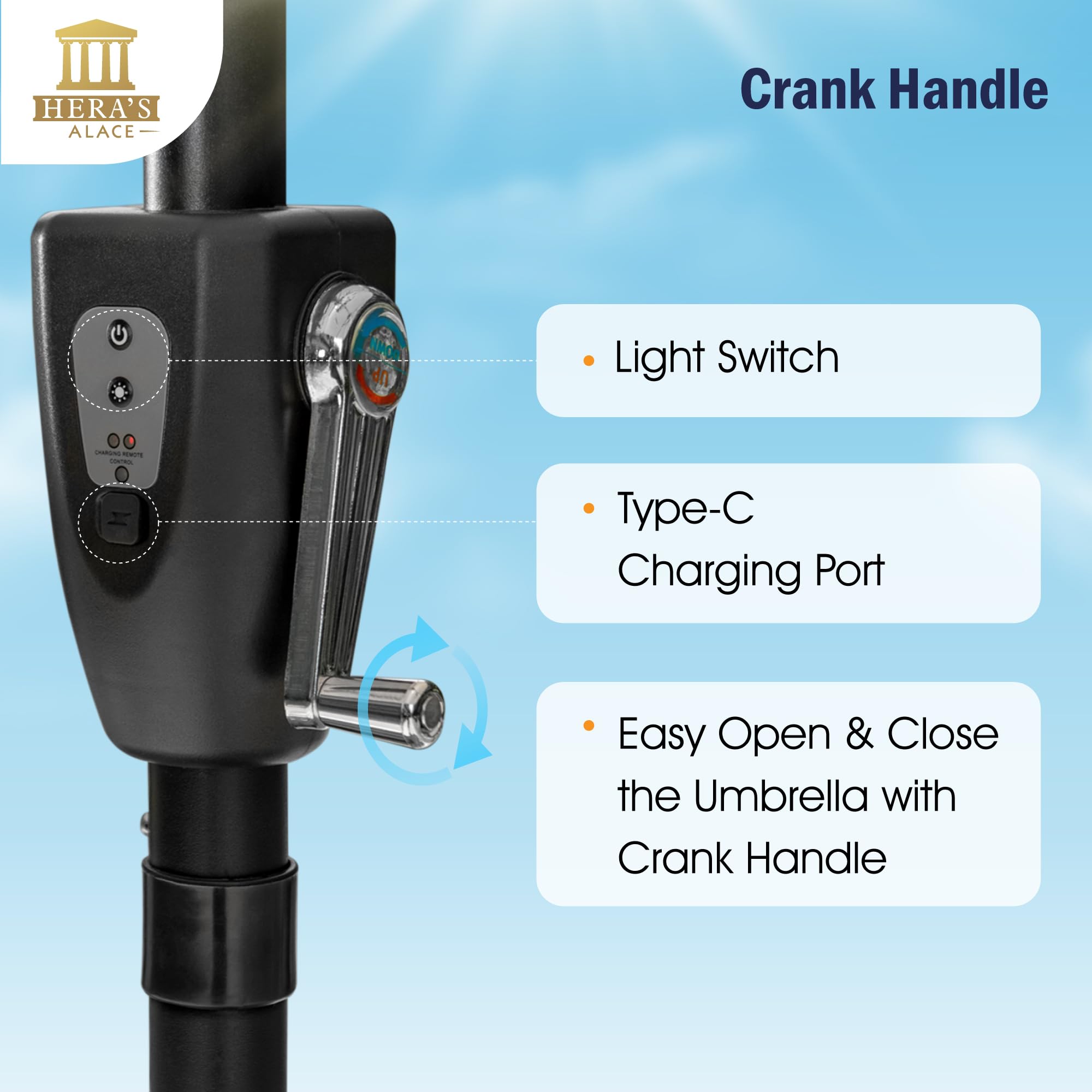 HERA'S PALACE crank handle detail for easy open and close operation