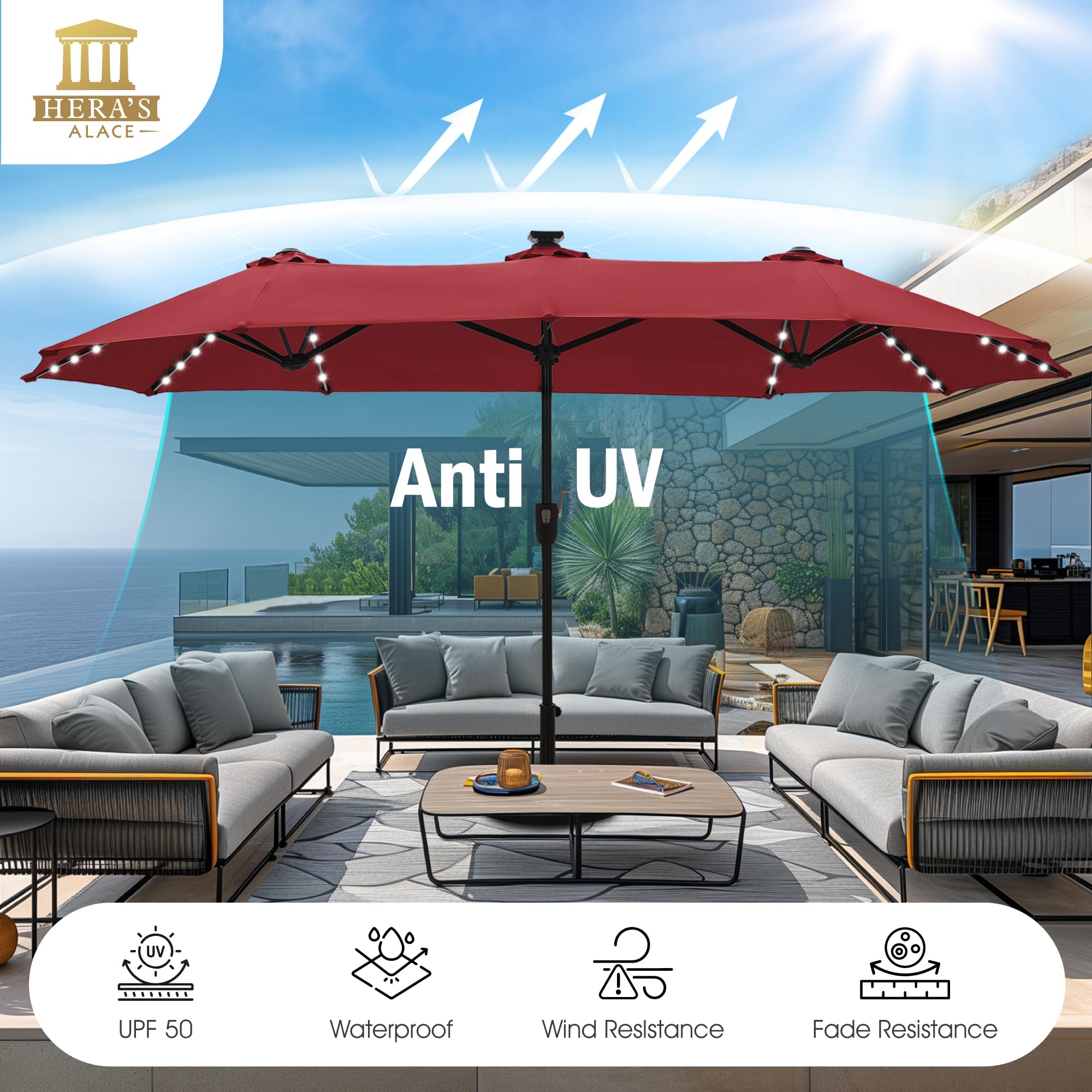HERA'S PALACE polyester fabric texture highlighting waterproof, UV protection