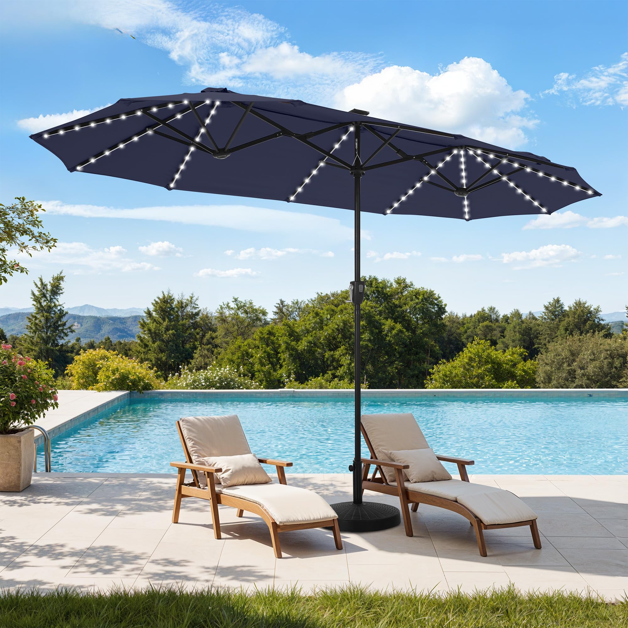 HERA'S PALACE front view navy blue canopy offering wide shade