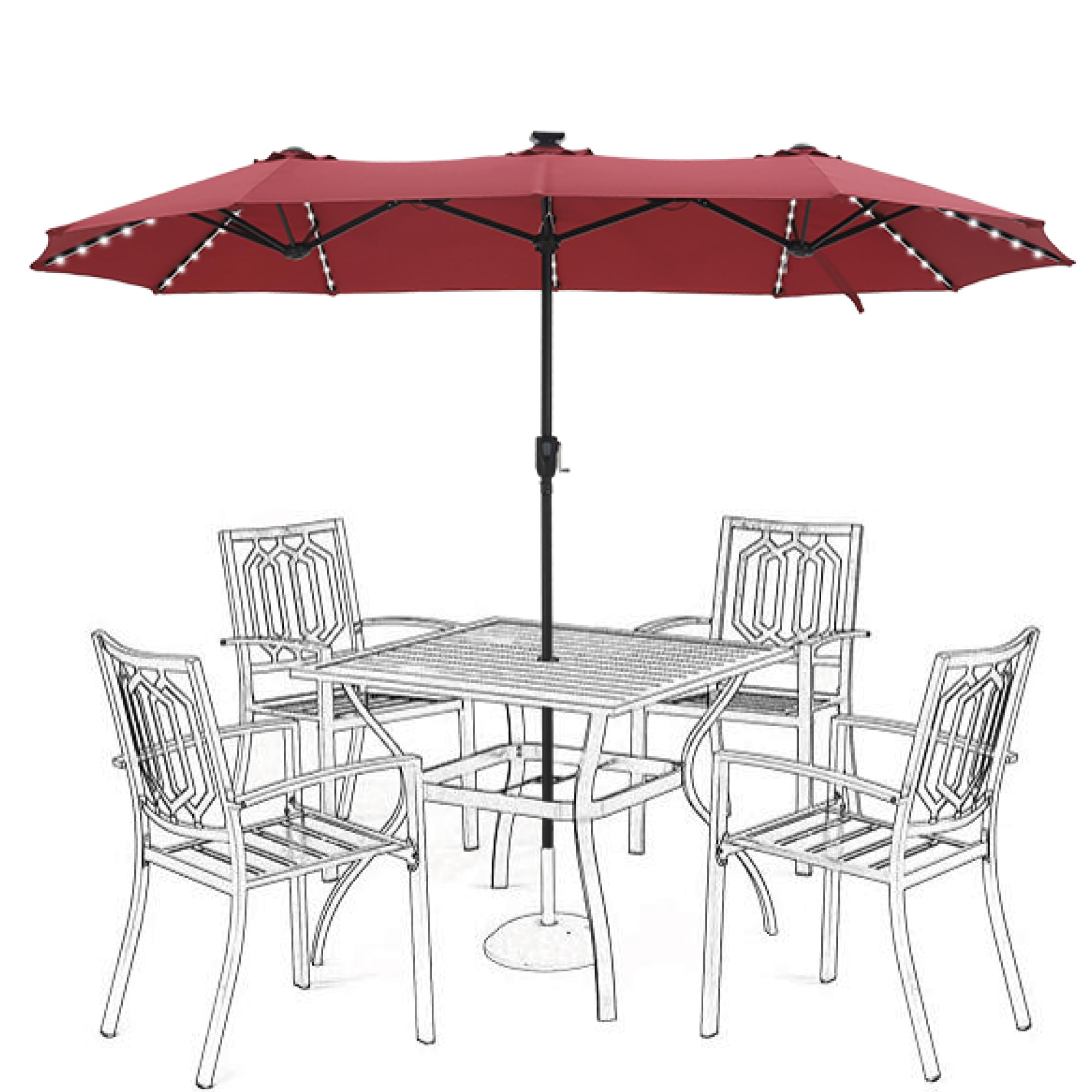 HERA'S PALACE front view red umbrella showing full coverage and shade