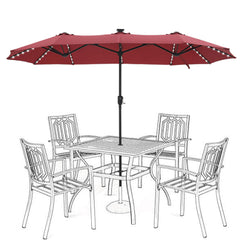HERA'S PALACE front view red umbrella showing full coverage and shade
